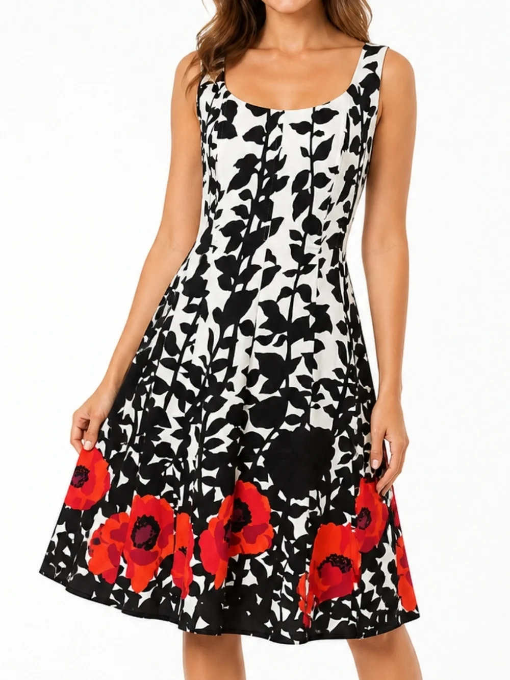 Nine West Black & White Floral Midi Dress with Red Floral Border NWT - Picture 1 of 14